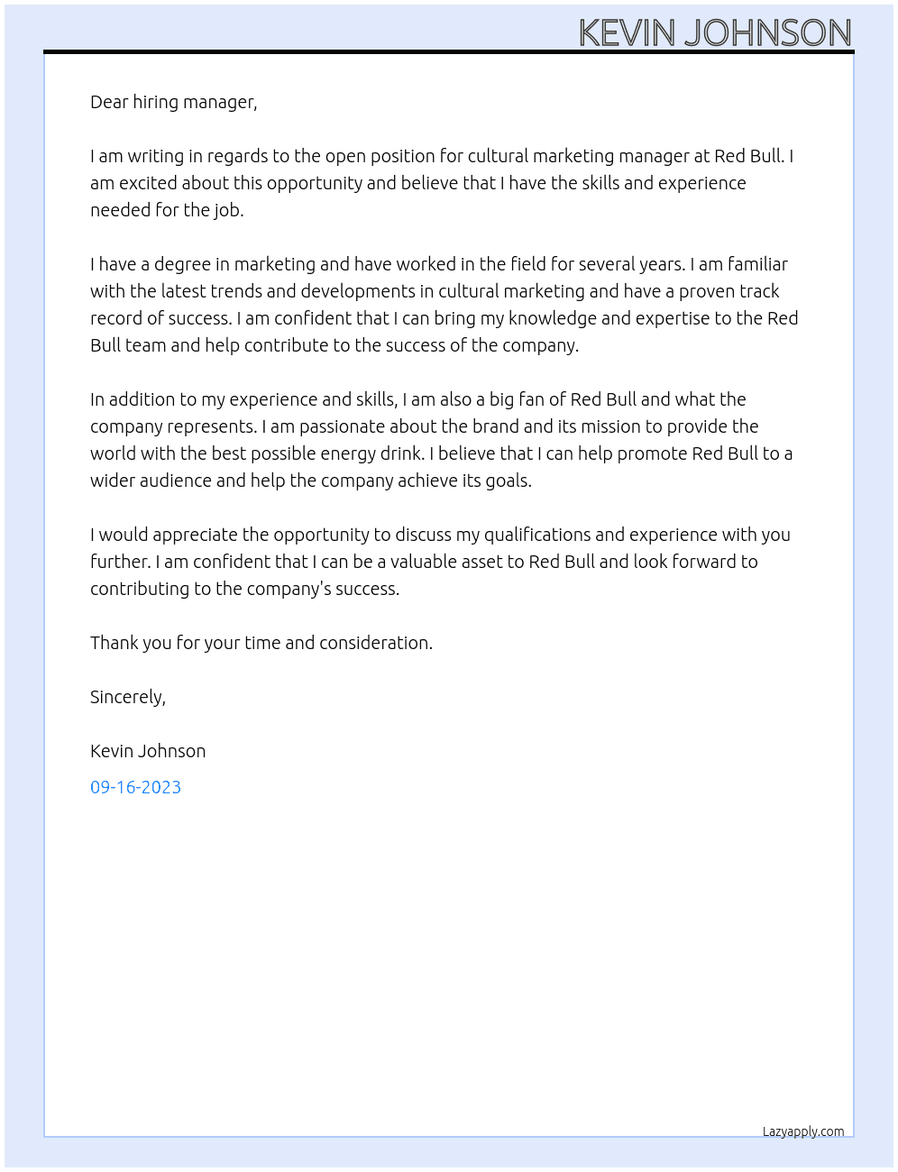 Cultural marketing manager At Red Bull Cover Letter