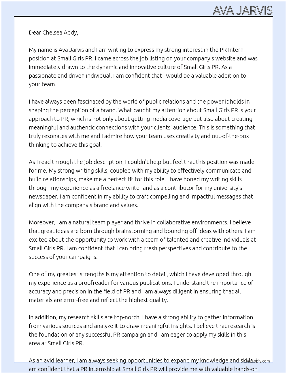 PR Intern At Small Girls PR Cover Letter