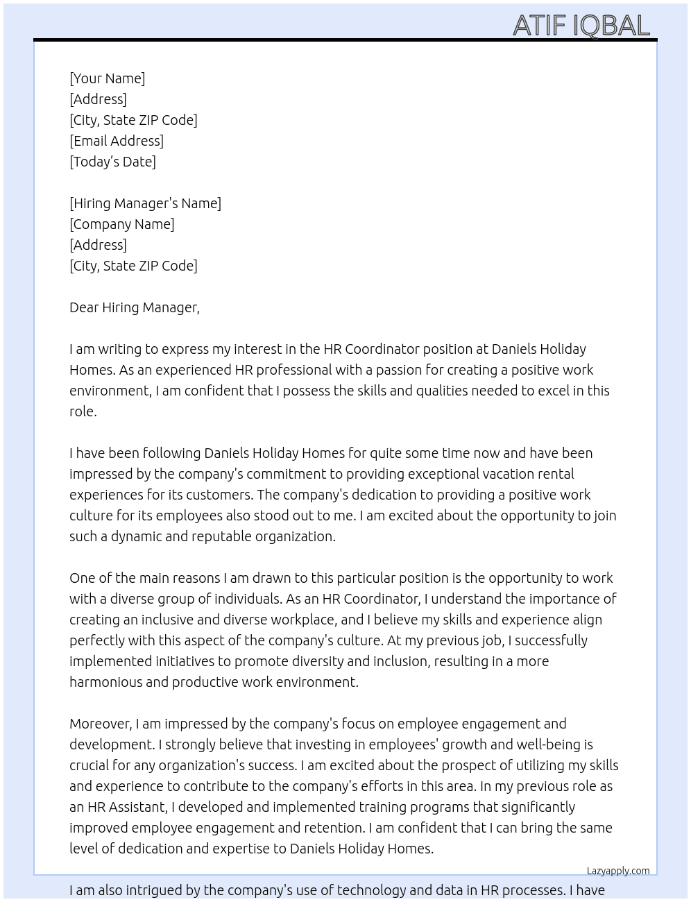 HR Coordinator  At Daniels Holiday Homes  Cover Letter