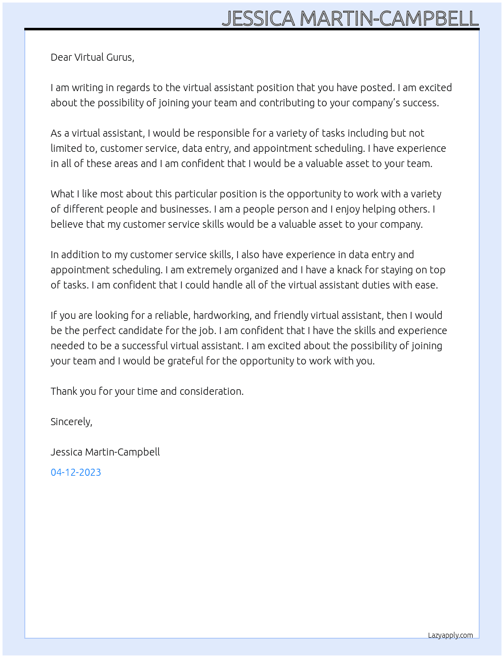 Virtual assistant At Virtual Gurus VA Cover Letter