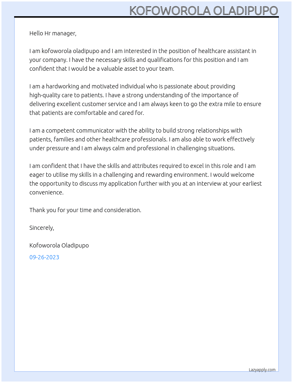 healthcare assistant At care assistant Cover Letter