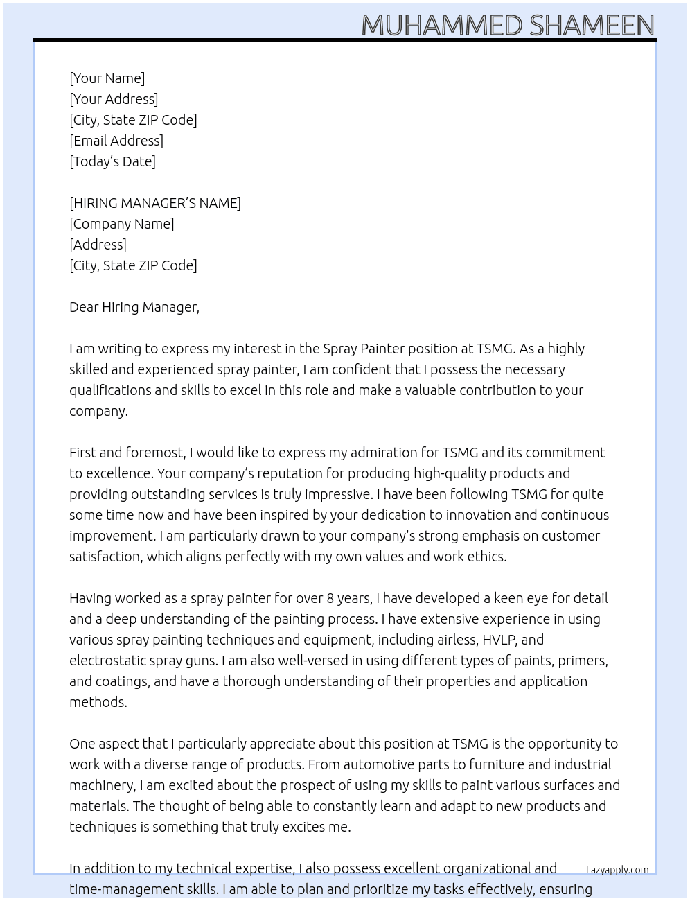 spray painter At TSMG Cover Letter