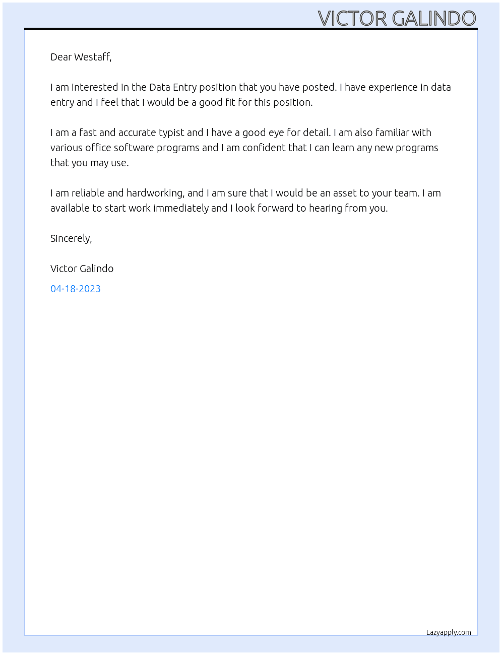 Data Entry  At Westaff Cover Letter