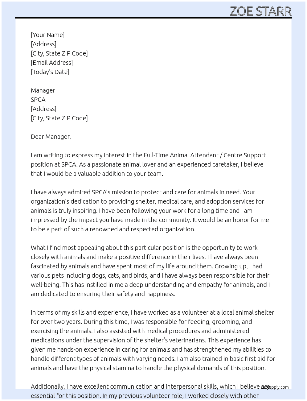  Full-Time Animal Attendant / Centre Support At SPCA Cover Letter