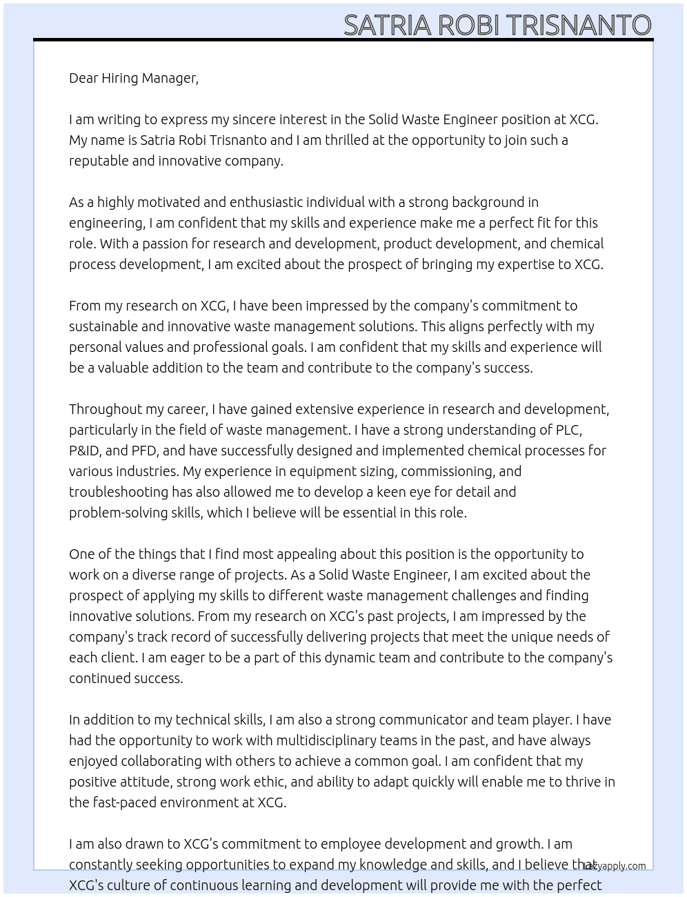 Solid Waste Engineer At XCG Cover Letter