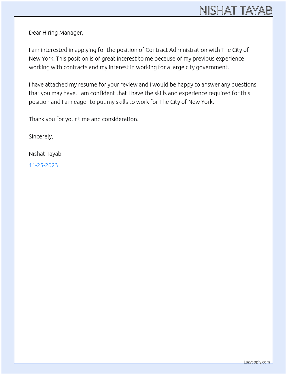 Contract Administration At The City of New York Cover Letter