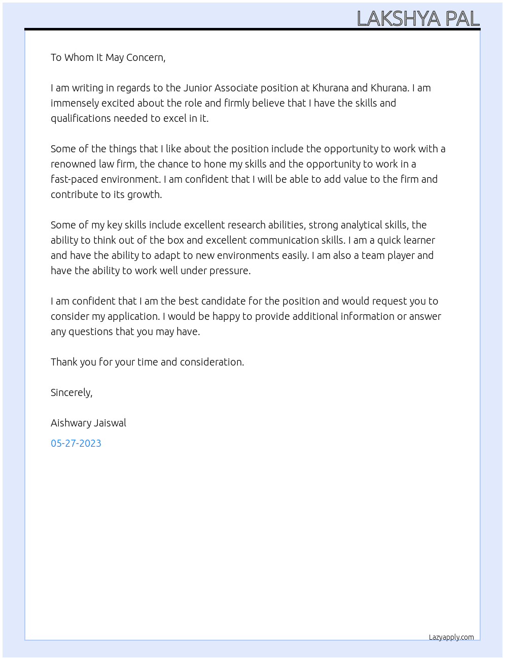junior associate At khurana and khurana Cover Letter