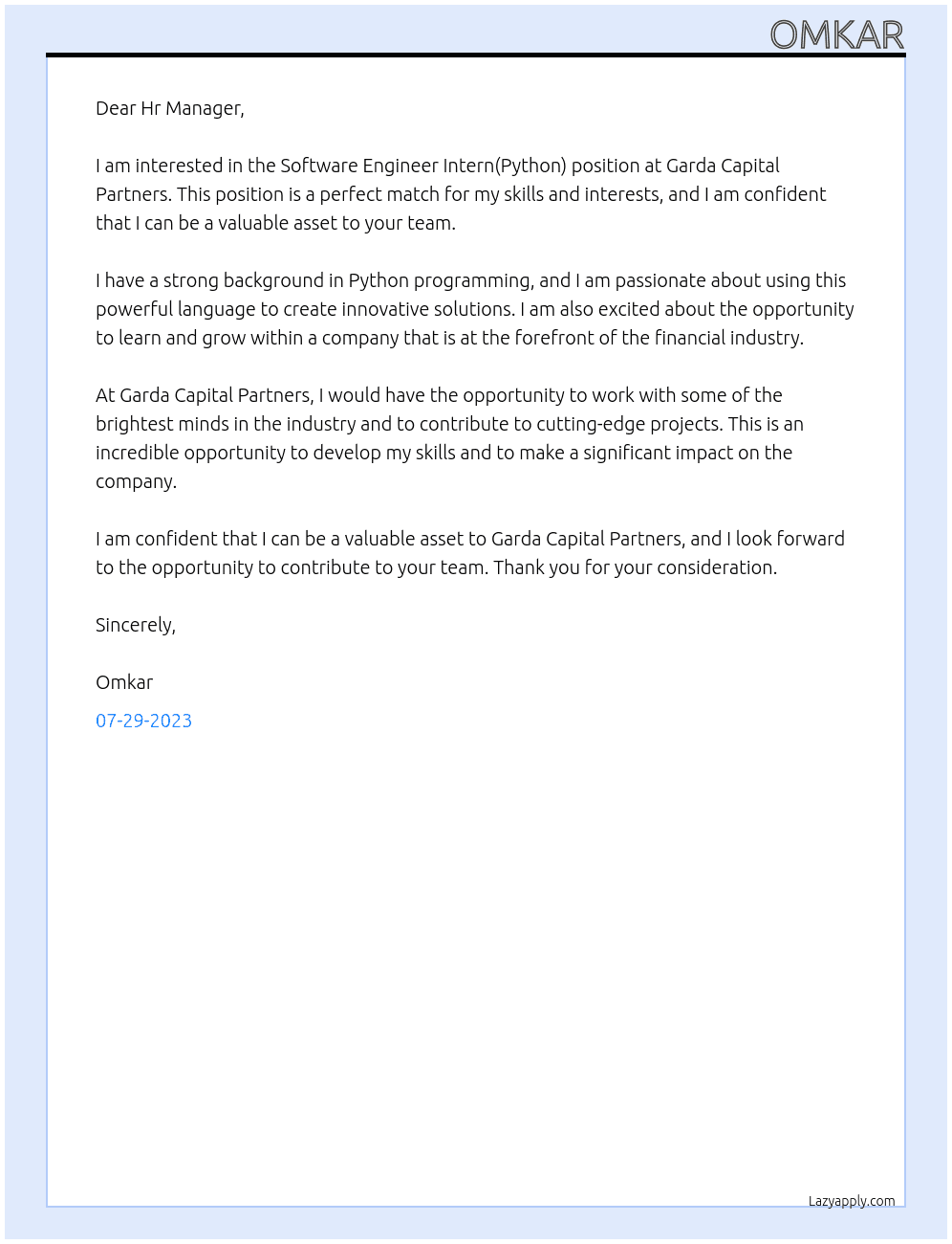 Software Engineer Intern(Python) At Garda Capital Partners Cover Letter
