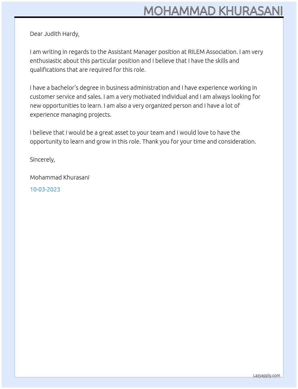 Assistant Manager At RILEM Association Cover Letter
