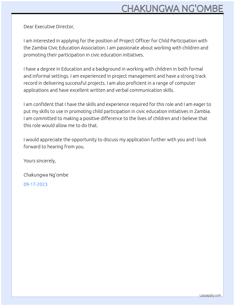Project Officers Child Participation At Zambia Civic Education Association Cover Letter