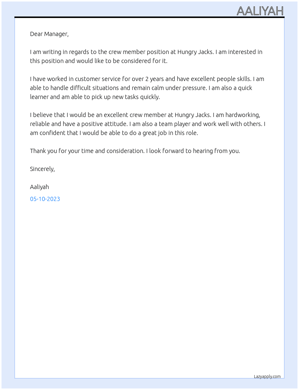 Crew member At Hungry Jacks  Cover Letter