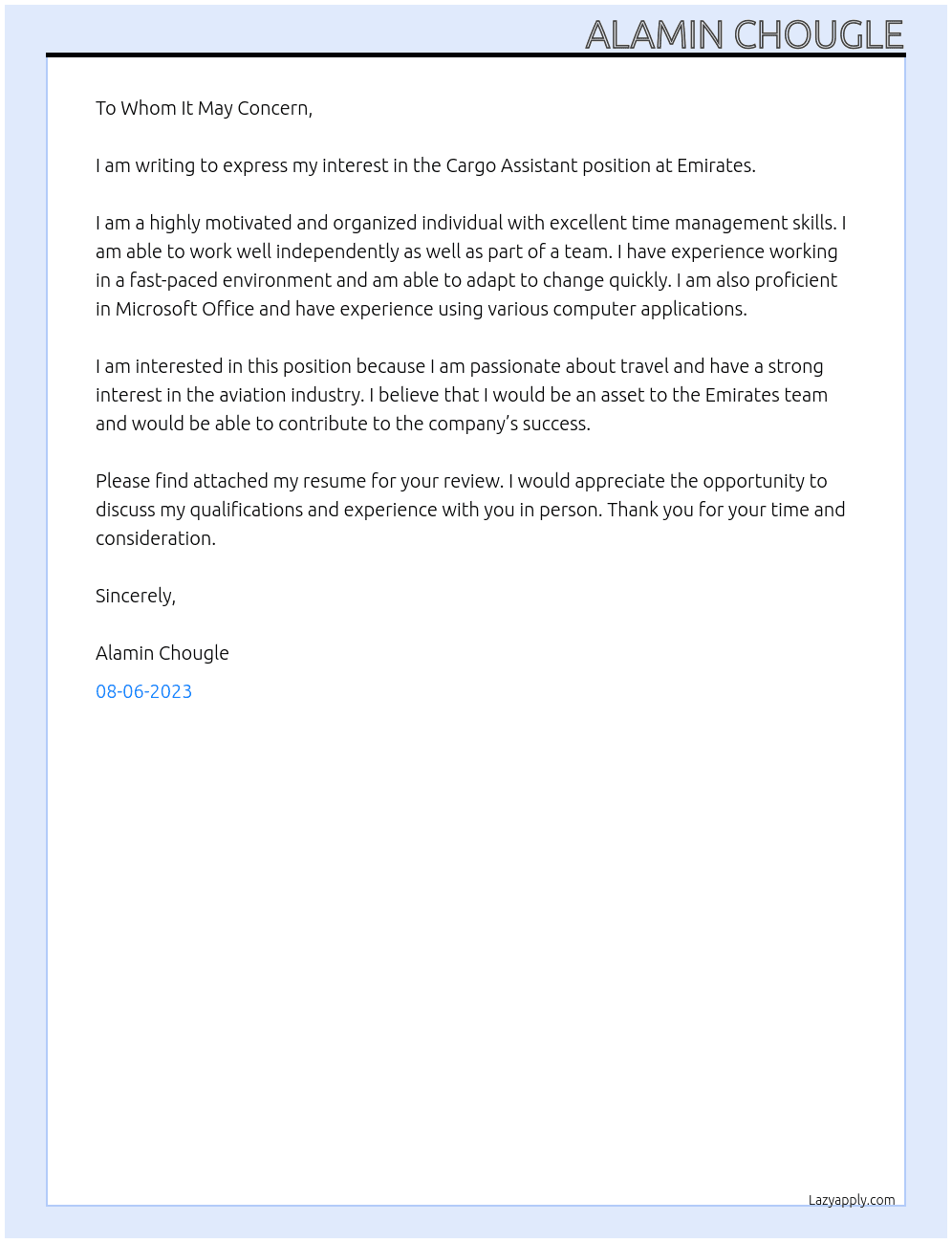 Cargo Assistant At Emirates Cover Letter