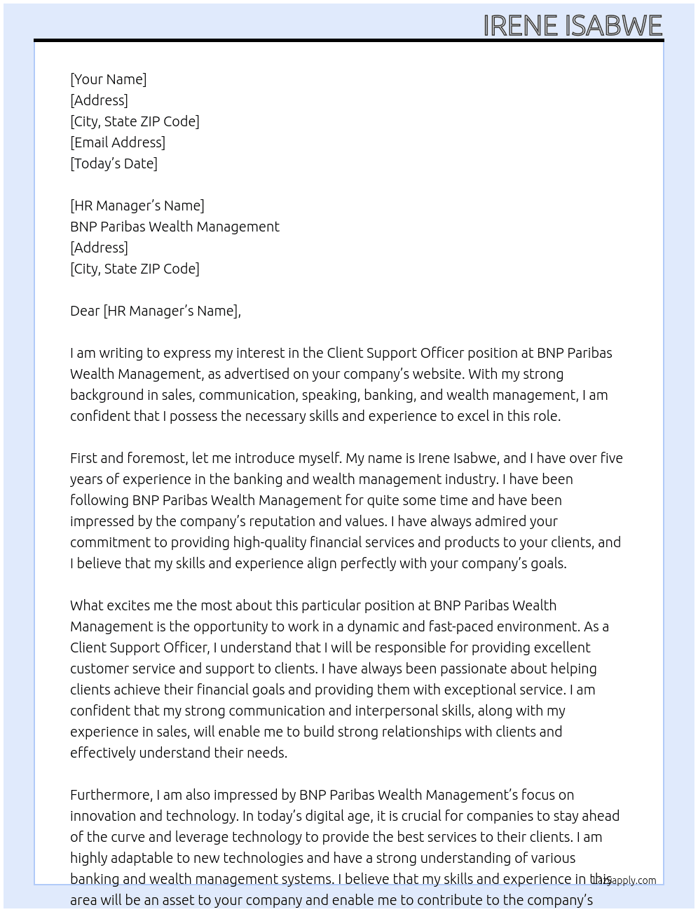 Client Support Officer At BNP Paribas Wealth Management Cover Letter