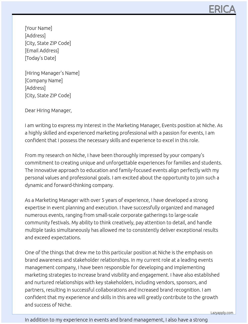 Marketing Manager, Events At Niche Cover Letter