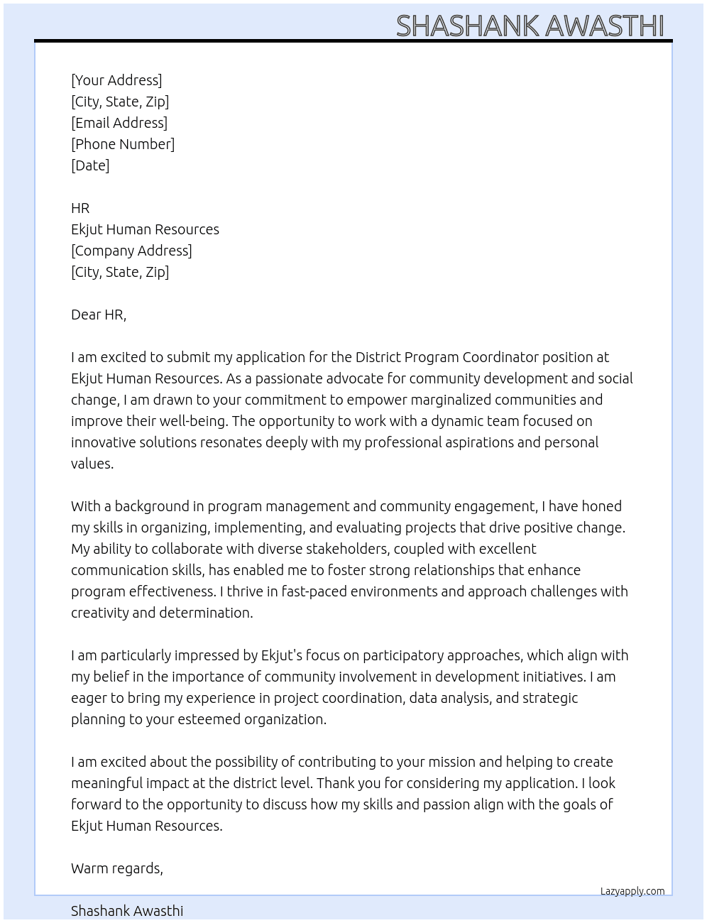 District program coordinator  At Ekjut human resources  Cover Letter