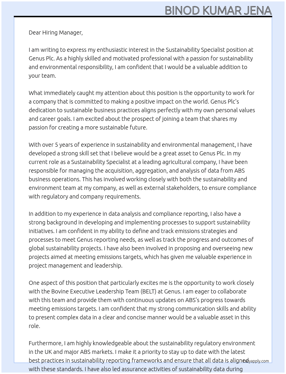 Sustainability Specialist At Genus Plc Cover Letter