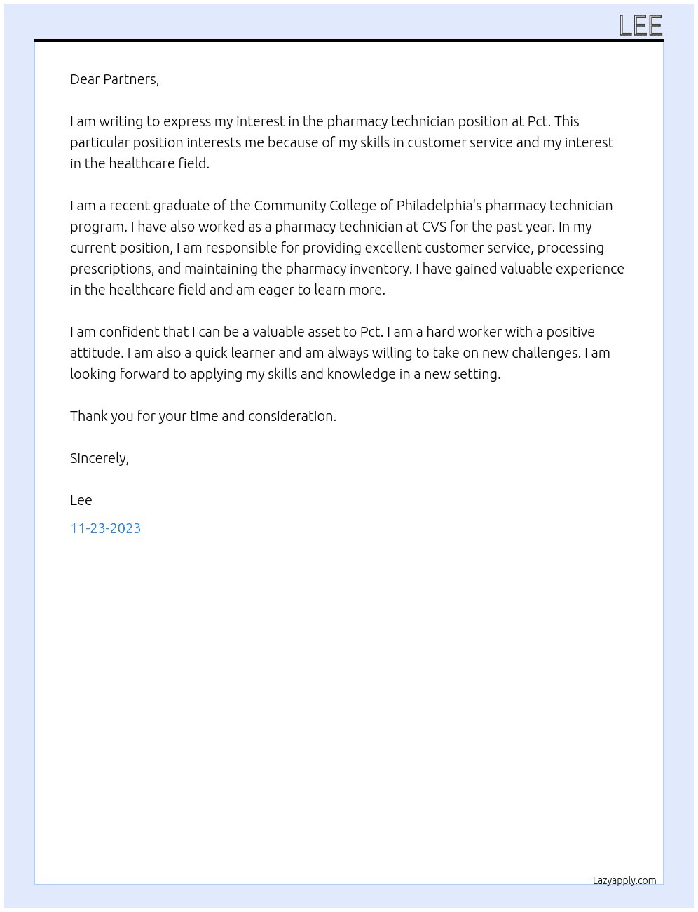 Pharmacy technician  At Pct Cover Letter