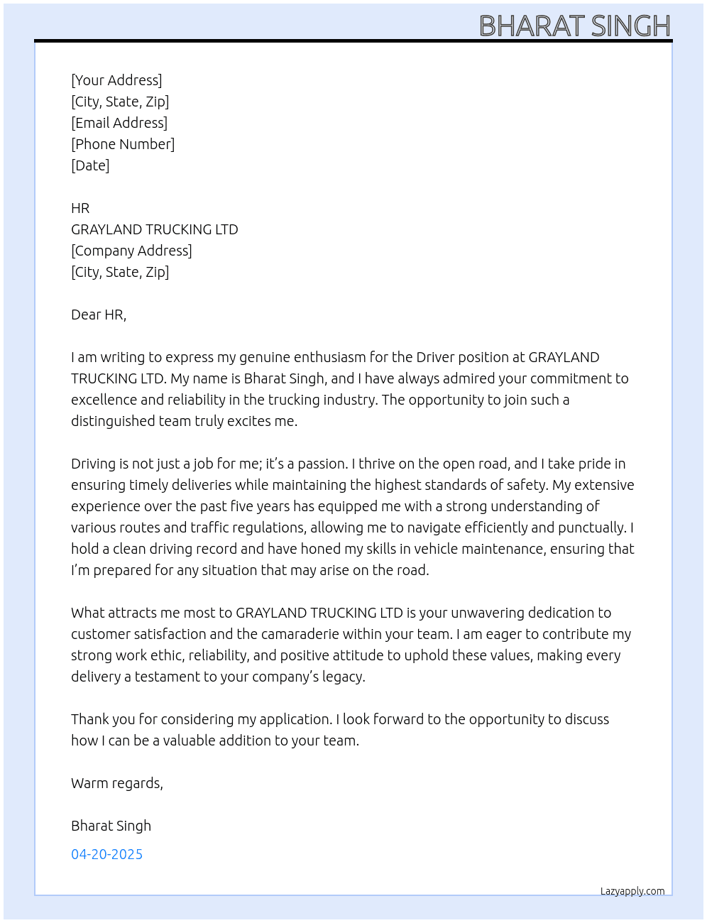 Driver At GRAYLAND TRUCKING LTD Cover Letter