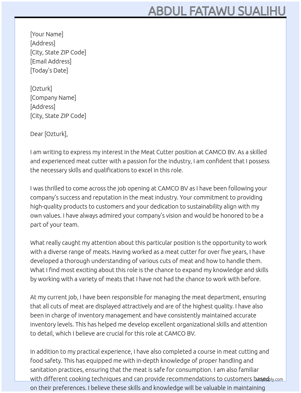 Meat cutter At CAMCO BV Cover Letter