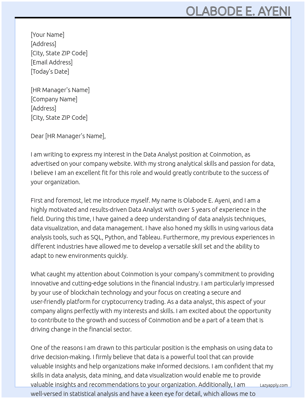 Data Analyst At Coinmotion Cover Letter