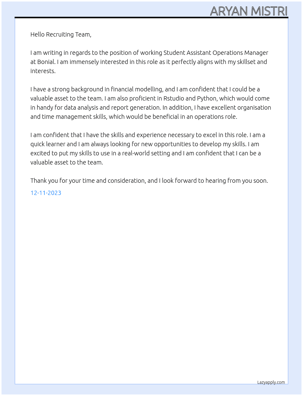 working Student Assistant Operations Manager At Bonial Cover Letter