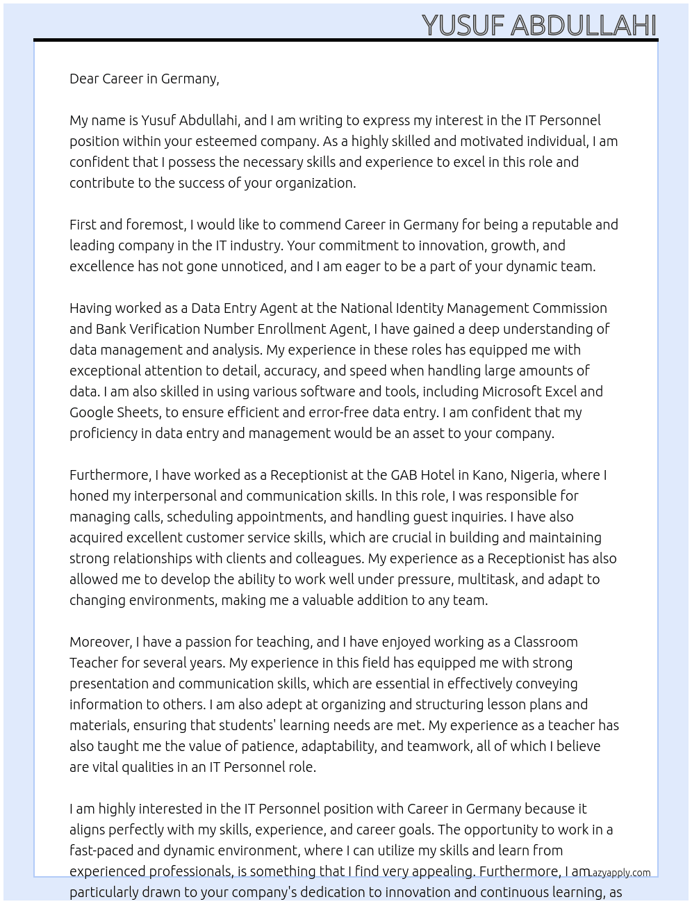 IT PERSONEL At CAREER IN GERMANY Cover Letter