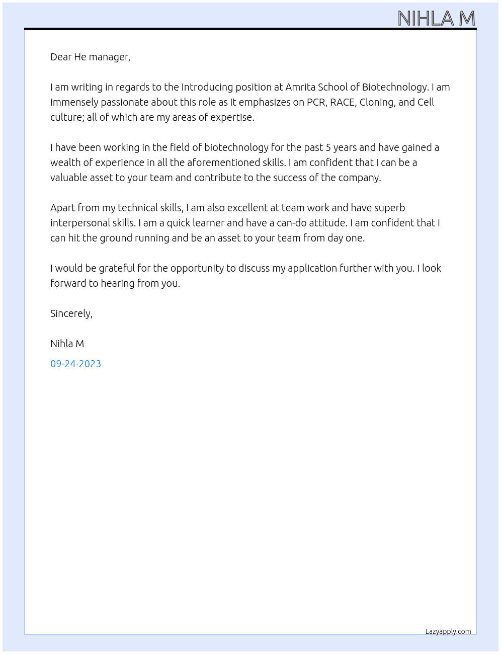 Introducing At Amrita School of Biotechnology  Cover Letter