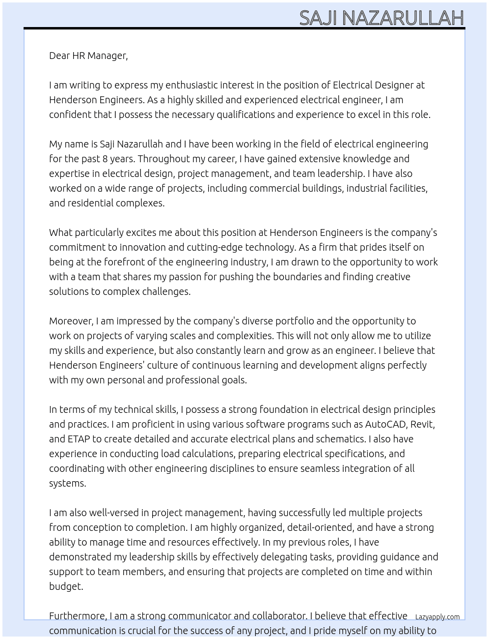 Cover letter for electrical designer - LazyApply