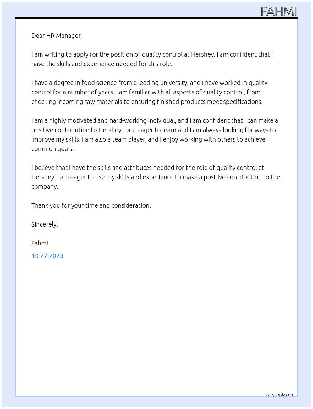 quality control At hershey Cover Letter