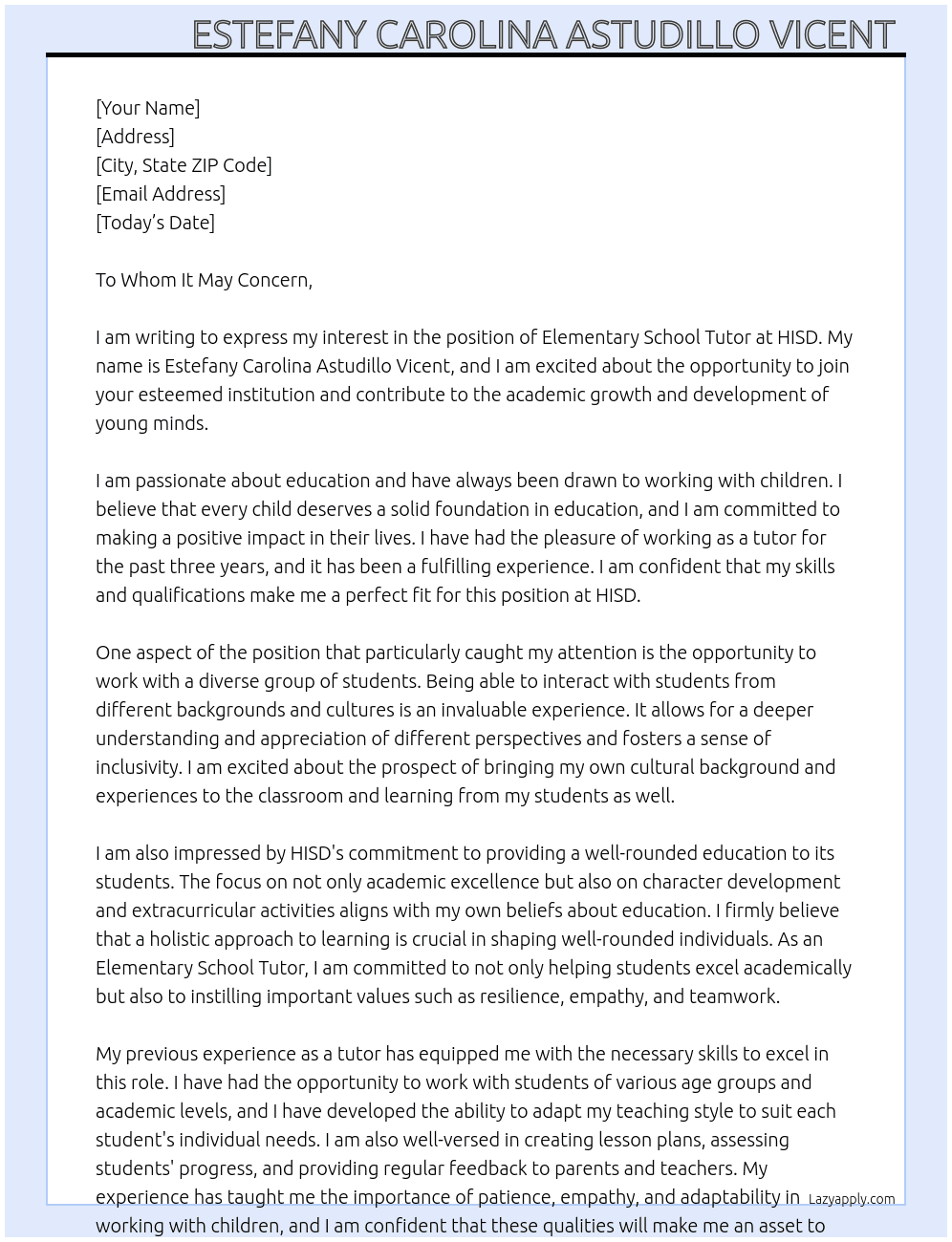Elementary school tutor At HISD Cover Letter