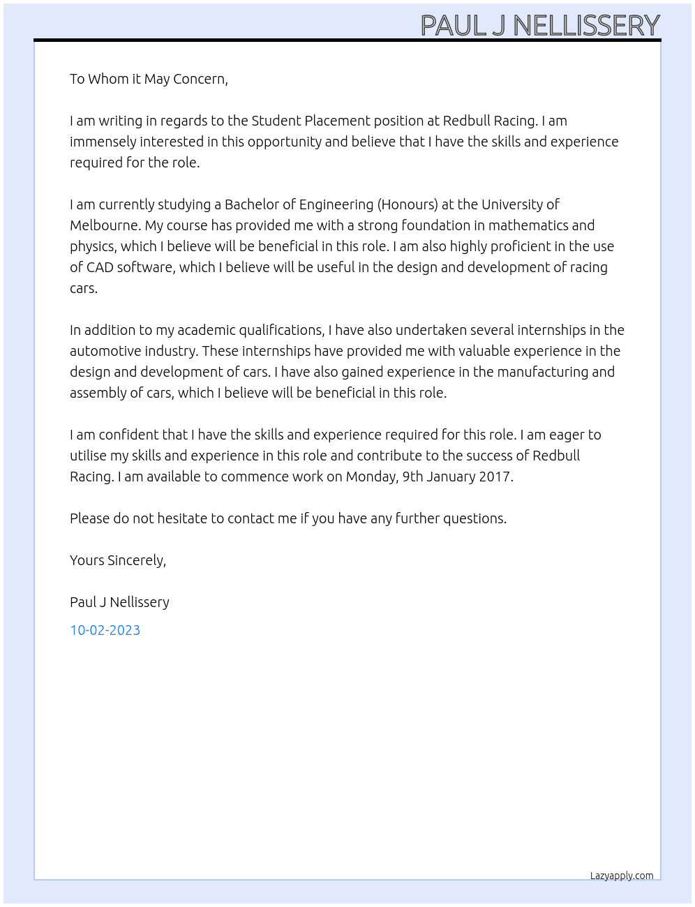 Student Placements At Redbull Racing Cover Letter