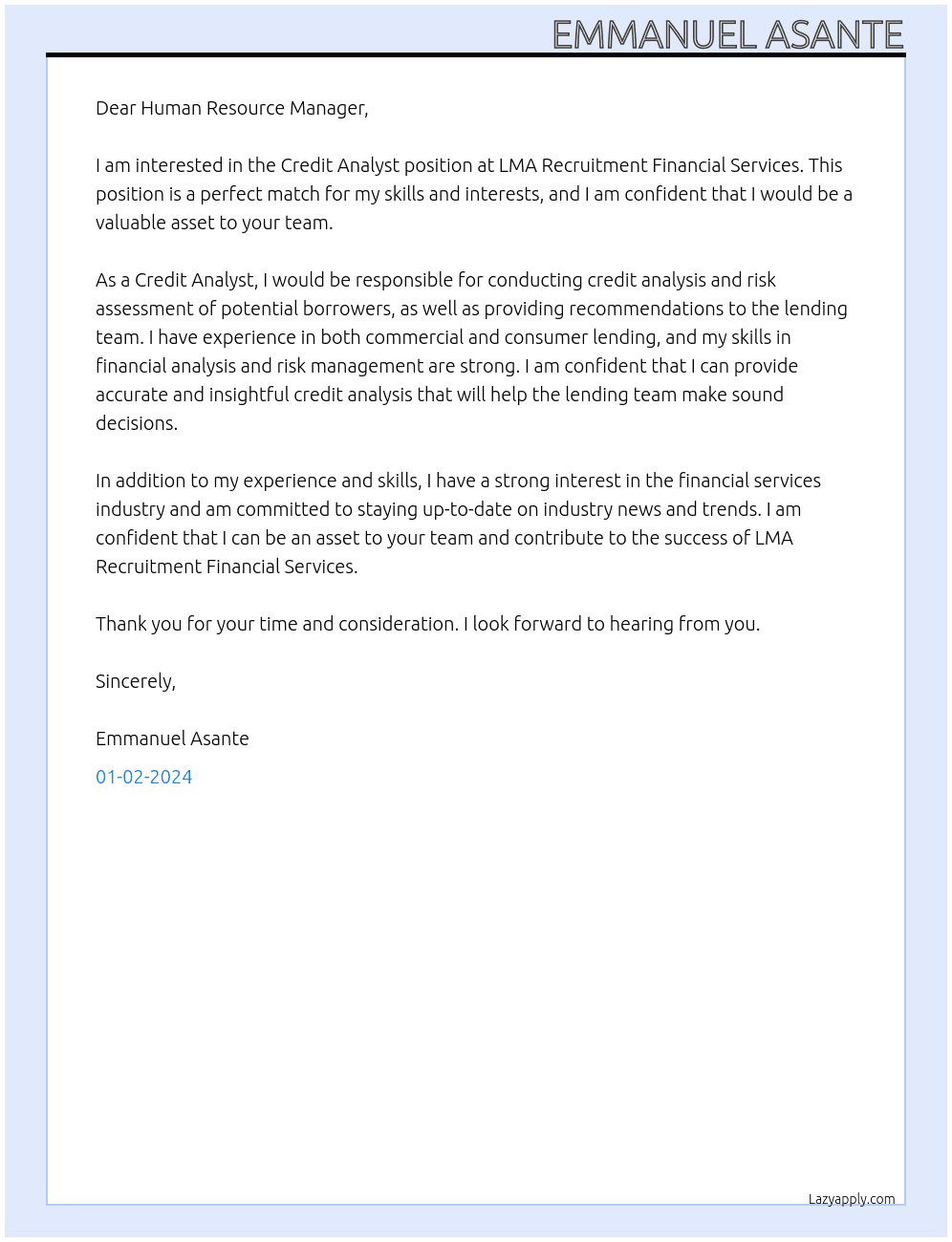 Credit Analyst At  LMA recruitment financial services Cover Letter