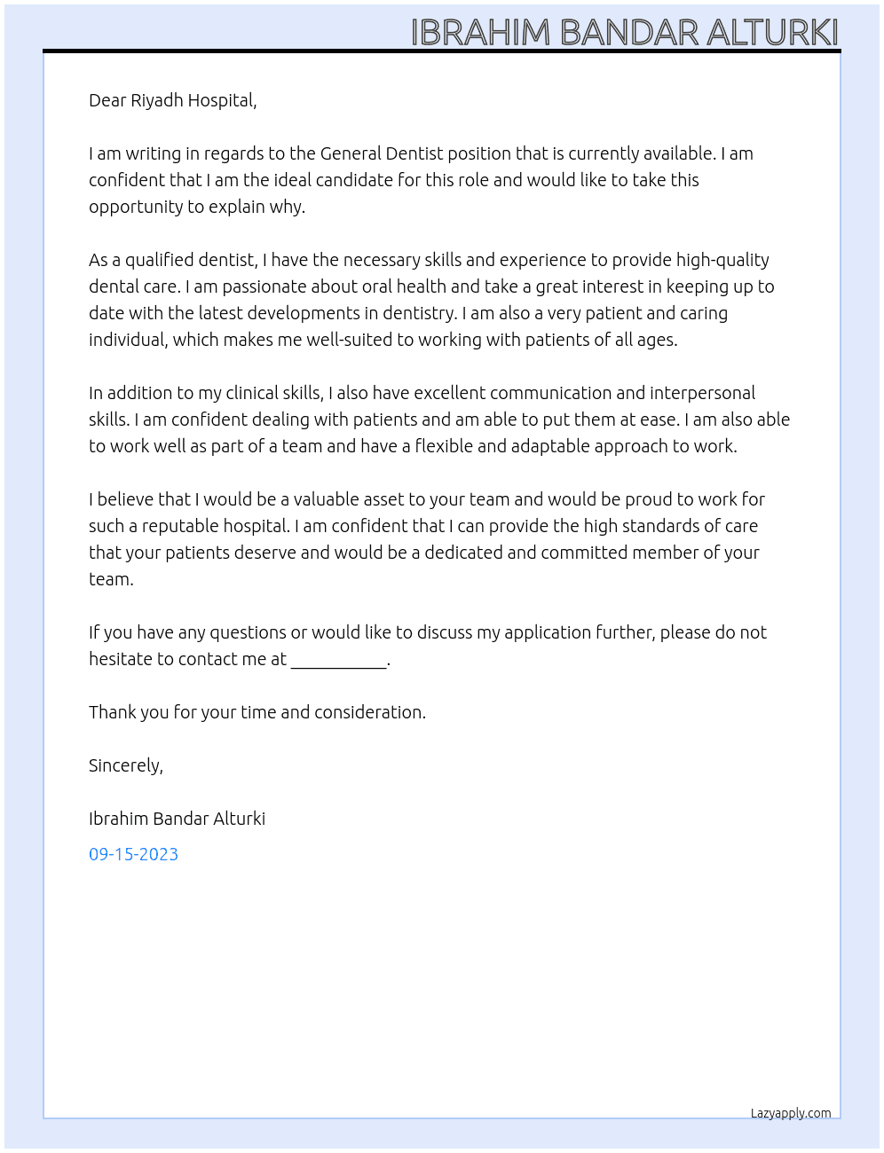 General Dentist  At Riyadh Hospital Cover Letter