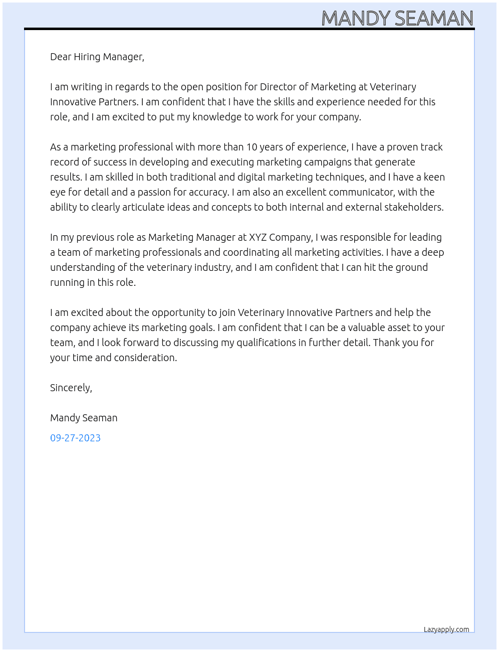 Director of Marketing At Veterinary Innovative Partners Cover Letter