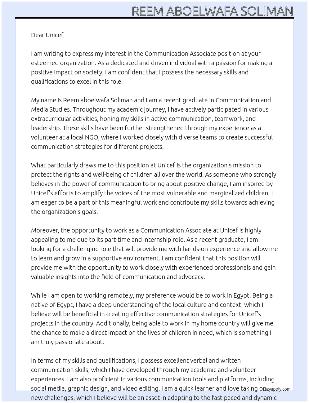 Communication Associate At Unicef Cover Letter