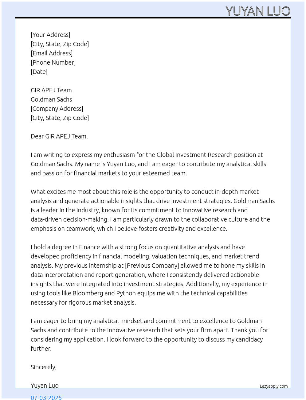 Cover letter for global investment research - LazyApply