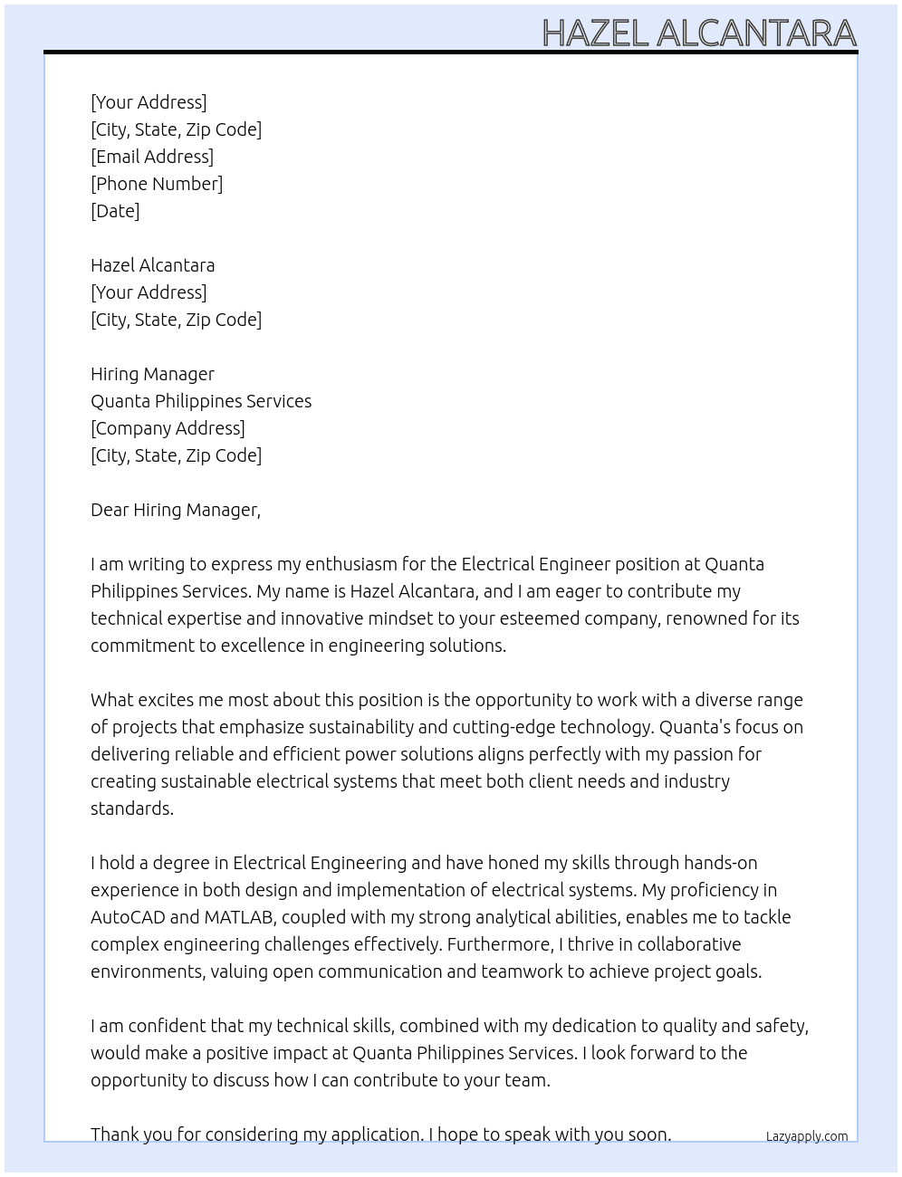 electrical engineer At quanta philippines services Cover Letter