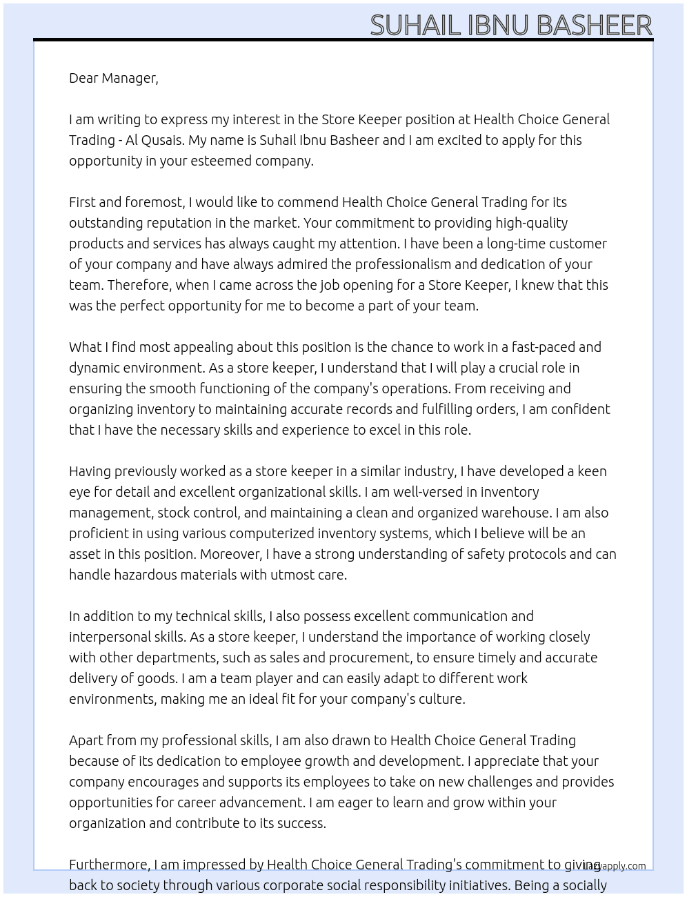 STORE KEEPER At Health Choice General Trading - Al Qusais Cover Letter