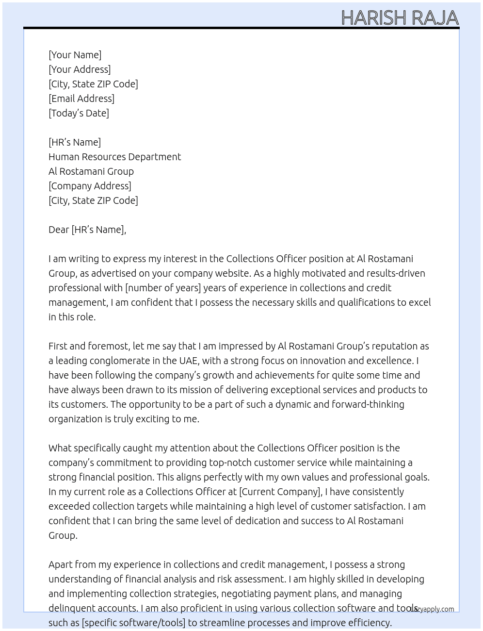 Collections officer At Al Rostamani group Cover Letter