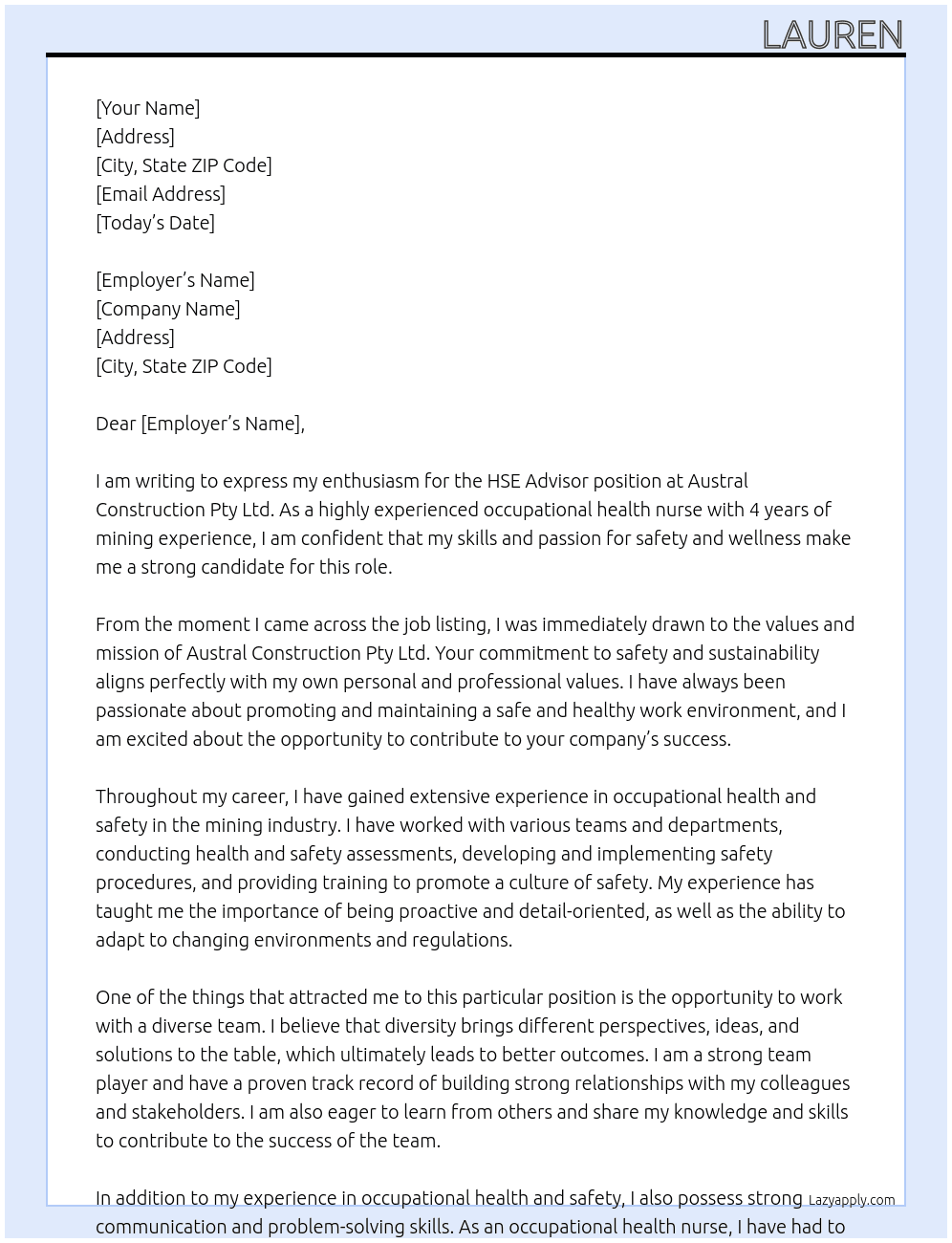 HSE Advisor  At Austral Construction Pty Ltd Cover Letter