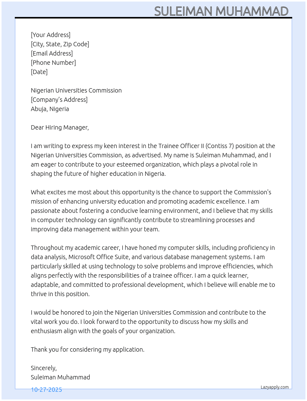 Trainee officer At Nigerian universities commission Cover Letter