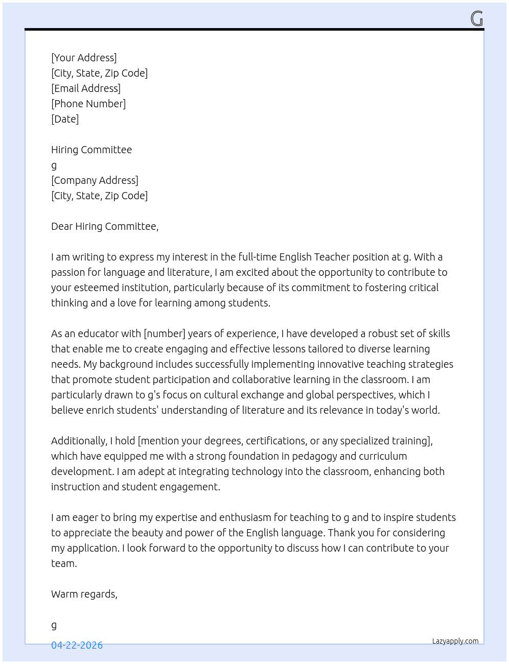English Teacher At g Cover Letter