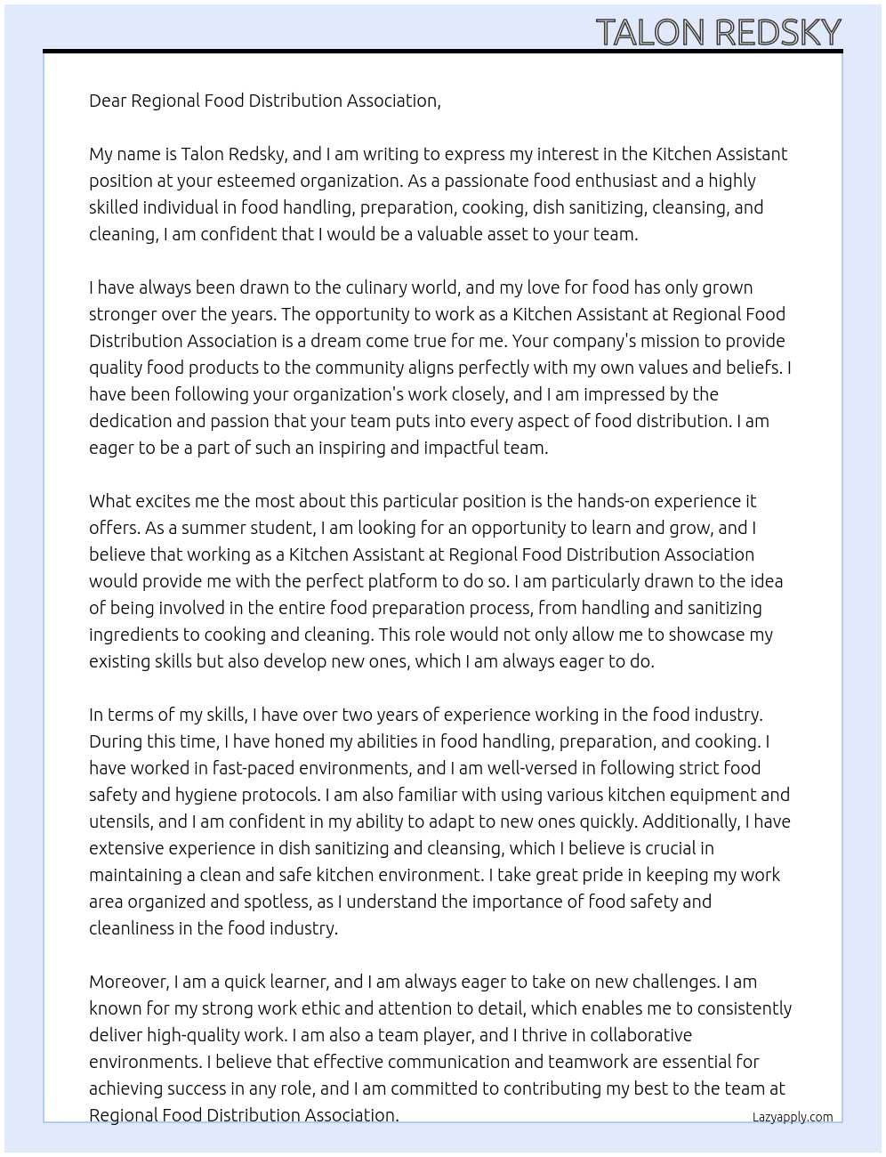 Kitchen Assistant At Regional Food Distribution Association Cover Letter