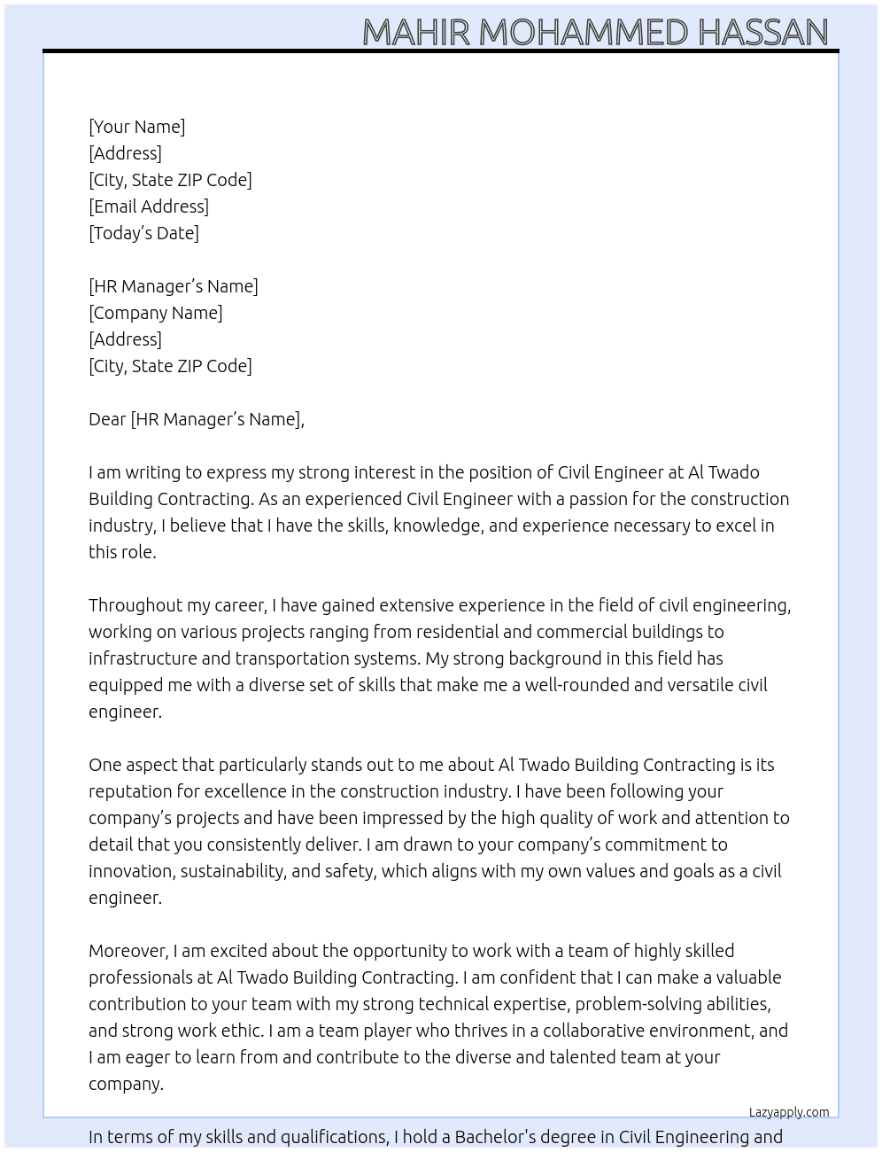 Civil engineer  At Al Twado Building Contracting  Cover Letter