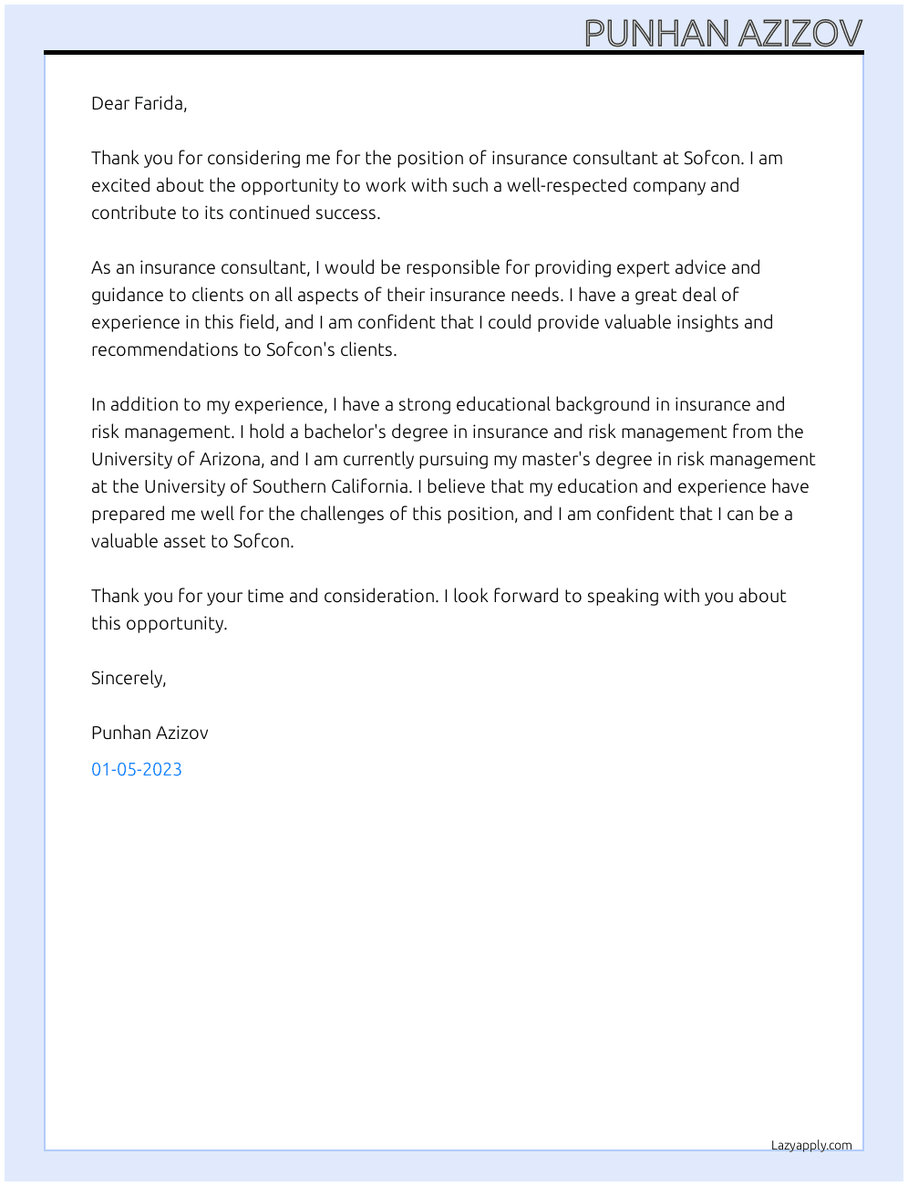 Insurance consultant At sofcon Cover Letter