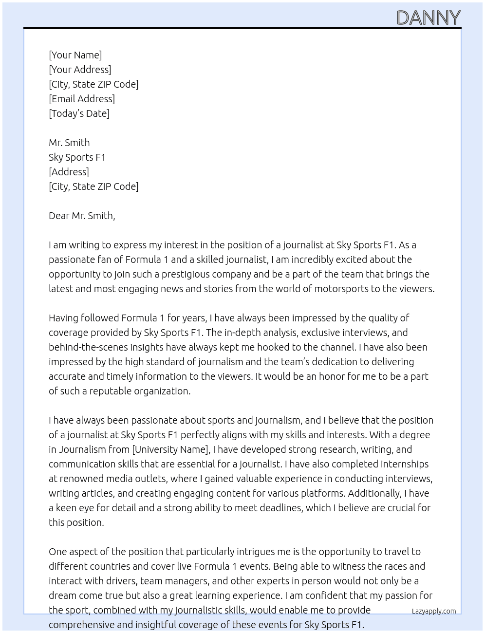journalist At sky sports F1 Cover Letter