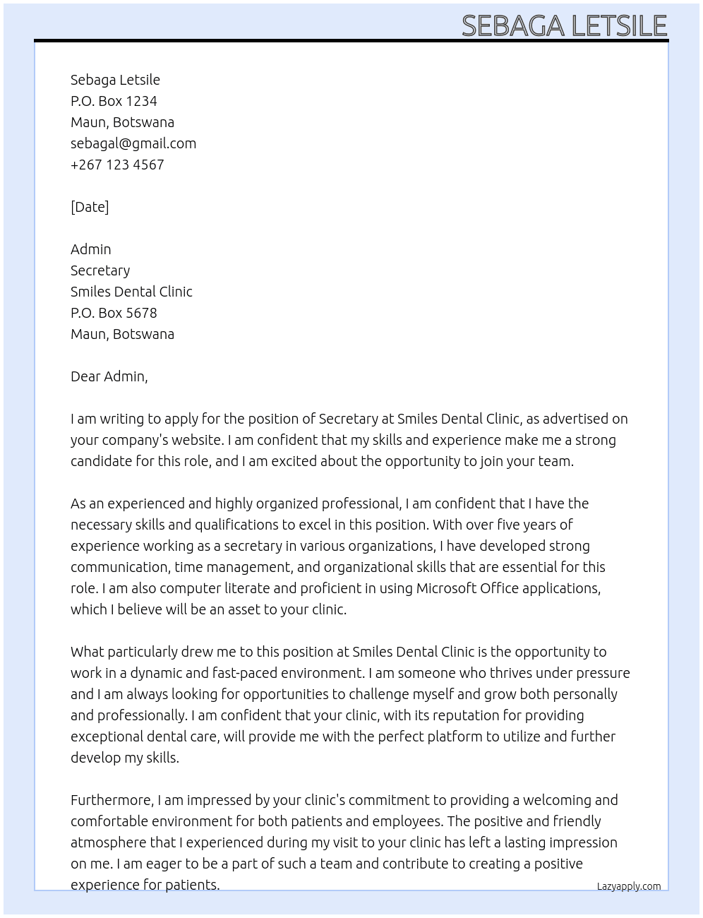 Secretary  At Smiles dental clinic  Cover Letter