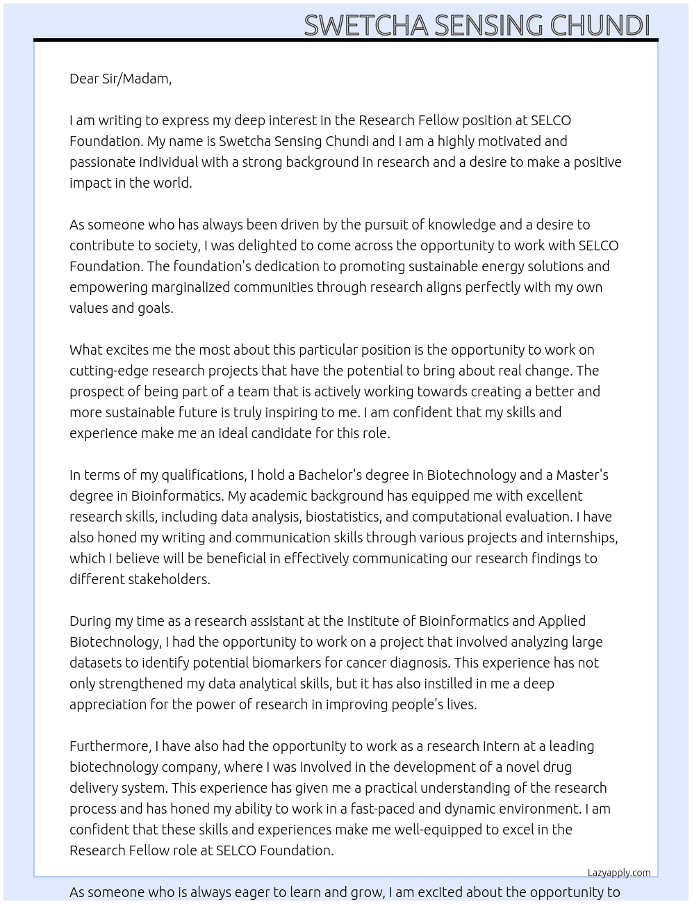 Research fellow  At SELCO Foundation  Cover Letter