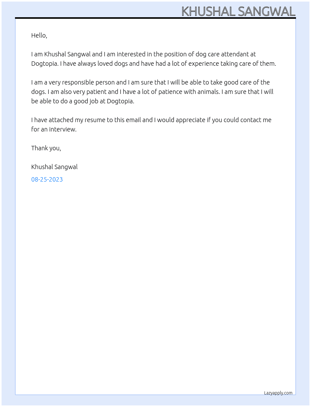 Dog care attendant At Dogtopia Cover Letter