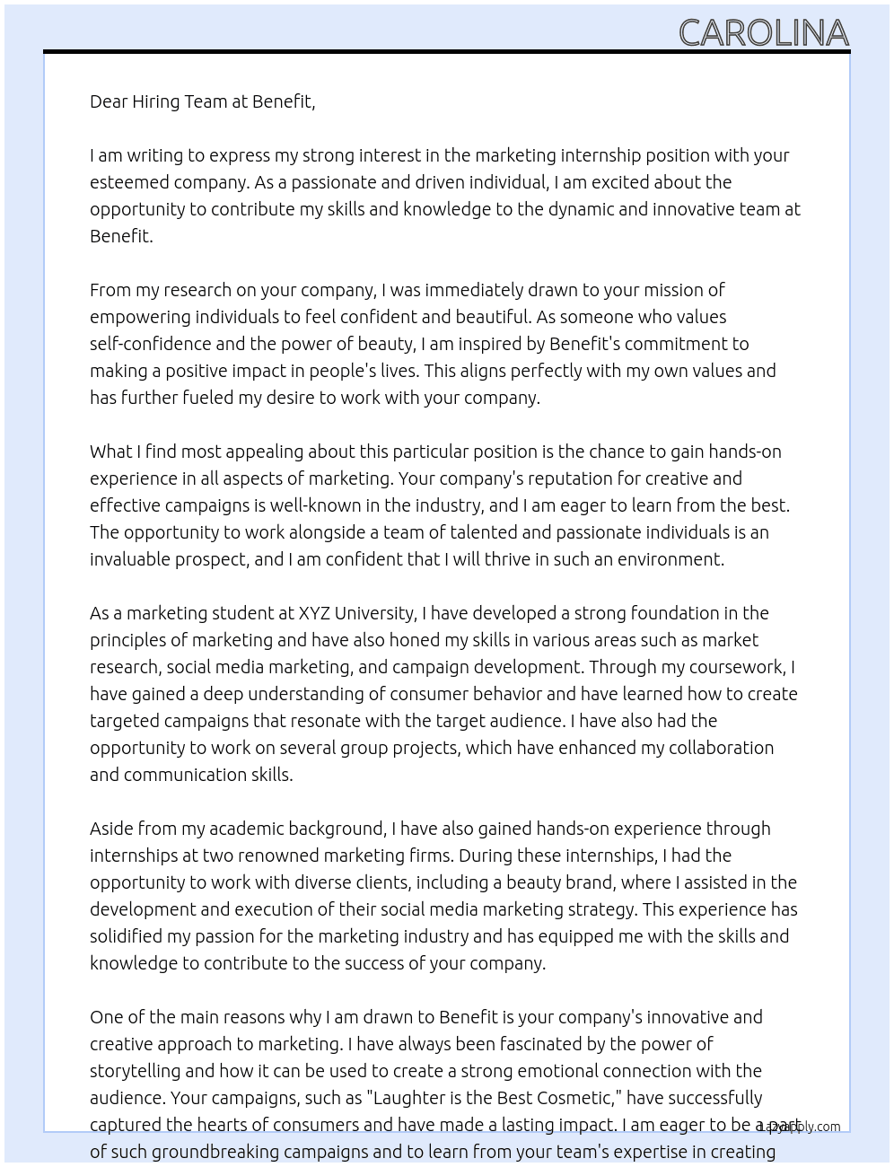 marketing internship At Benefit Cover Letter